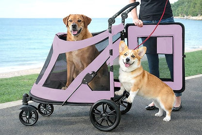 Pet Gear NO-Zip Pet Stroller with Dual Entry, Push Button Zipperless Entry for Single or Multiple Dogs/Cats, Pet Can Easily Walk in/Out, Gel-Filled Tires, Cotton Candy, Excursion