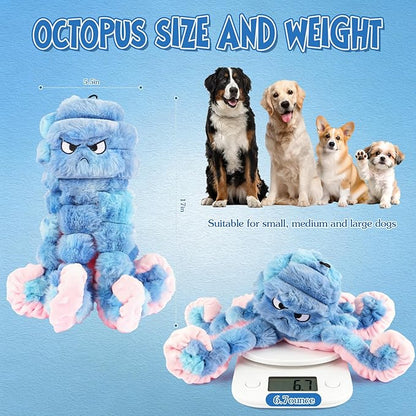 Tough Octopus Dog Toy, Interactive Squeaky & Crinkle Tug of War Toy for Aggressive Chewers, Large Durable Plush Chew Toys to Keep Dogs Busy- Crinkle Octopus, Large (Blue)
