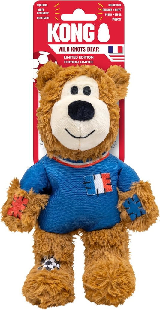 KONG Wild Knots Bear Soccer Player Dog Toy – France – National Team Jersey Inspired – International Tournament Edition – Plush Rope Toy with Squeaker, Medium/Large