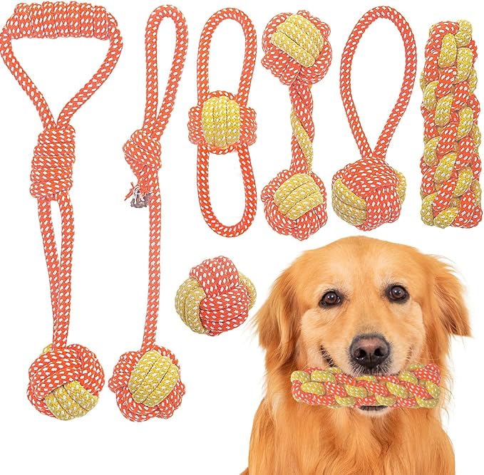 7 Pack Puppy Rope Toys - Variety of Dog Cotton Rope Toys for Small Dogs, Teething, Chewing & Boredom Relief - Orange