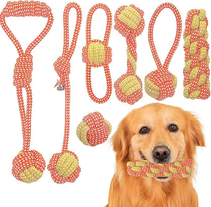 7 Pack Puppy Rope Toys - Variety of Dog Cotton Rope Toys for Small Dogs, Teething, Chewing & Boredom Relief - Orange