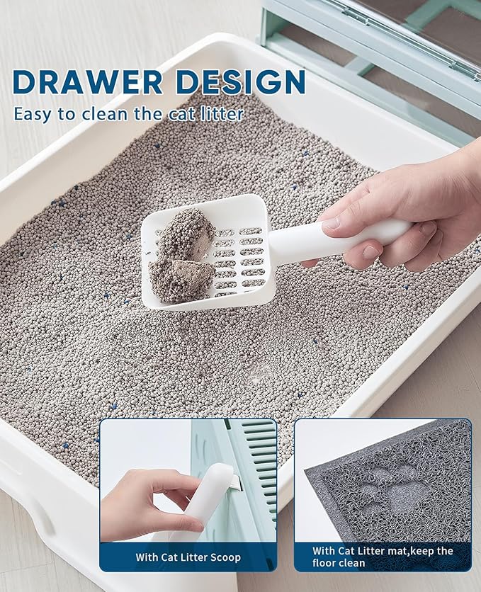 Cat Litter Box with Litter Mat and Scoop, Large Covered Litter Box with Lid, Front Entry Top Exit Kitty Box, Odor Control, Easy to Clean (Blue)