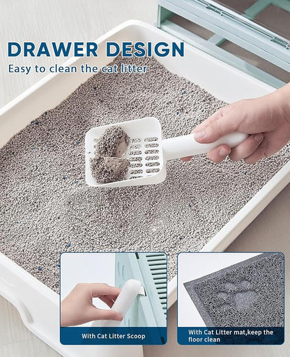 Cat Litter Box with Litter Mat and Scoop, Large Covered Litter Box with Lid, Front Entry Top Exit Kitty Box, Odor Control, Easy to Clean (Blue)