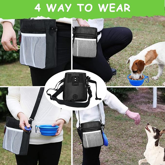 SZO Dog Treat Pouch - 3 Ways to Wear Treat Pouches for Pet Training and Clicker Taining for Dogs, Dog Training Treat Pouch Bag and Dog Clicker for Training with Waist Belt Shoulder Strap - Black