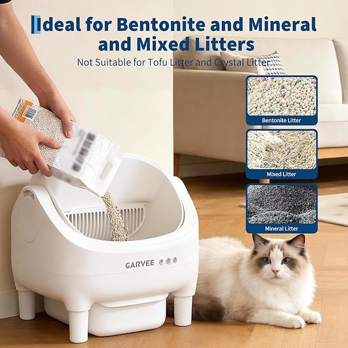 Self Cleaning Litter Box, Automatic Cat Litter Box with APP Control, Odor-Free Waste Disposal Includes Trash Bags, Large Waste Bin, Open-Top, for Multiple Cats, White