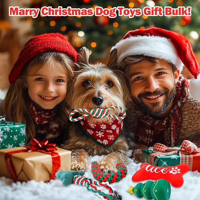 Mity rain Christmas Dog Toys Stockings with Toys - Dog Toys Pack for Large/Medium/Small Dogs, Dog of Squeaky Toys Rope Toy Dog Costume for Teething Bulk