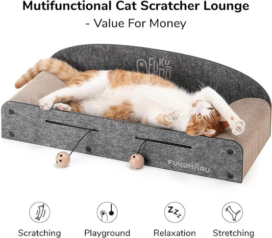 FUKUMARU 26 Inch Large Cat Scratcher Bed, 2 Reversible Cardboard Cat Scratch Pads Refill for Indoor Cats, Durable Cats Scratching Bed Sofa Couch Lounger with Fun Toys, Furniture Protector, Grey