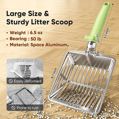 Metal Cat Litter Scoop, Large Cat Scooper with Deep Shovel & Dual Sifting Holes for Fast & Precise Sifting, Space Aluminum Kitty Litter Scooper with Long Handle & Easy-to-Hang Hook - Mint