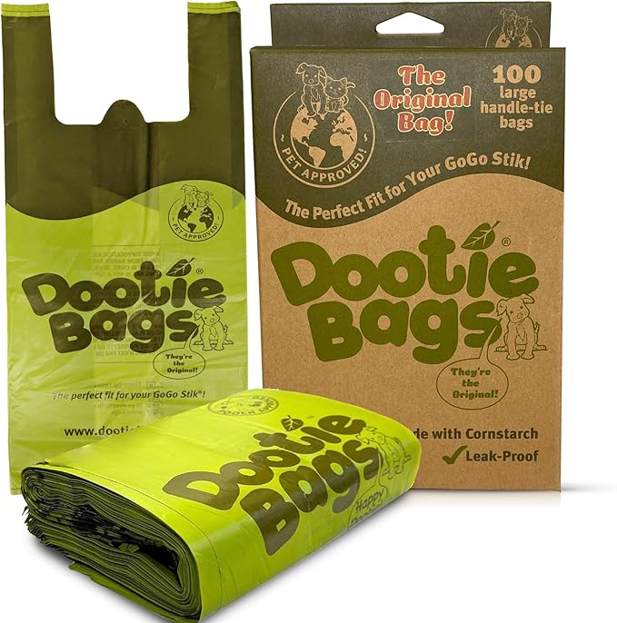 The Original Dootie Bag is Back! Pooch Approved Large Dootie Bags, Dog Poop Bags. Strong, Leakproof - EZ Tie Handles. Perfect for Dogs & Cat Litter. Pet Waste Cleanup, Swivel Bin & GoGo Stik Scoopers.