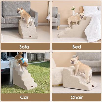 EHEYCIGA Curved Dog Stairs Ramp for High Beds 22.6" H, 5-Step Dog Steps for Small Dogs and Cats, Pet Stairs for High Bed Climbing, Non-Slip Balanced Pet Step Indoor, Beige