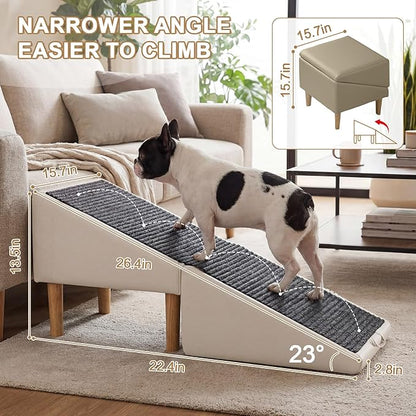 Dog Ramps, Foldable 2-in-1 Wooden Pet Steps, 23 Incline Foldable Dog Ramp Ottoman, Solid Wood Anti-Slip Pet Ramp, Split Ottoman Design, Foldable Pet Steps for Large and Small Cats & Dogs