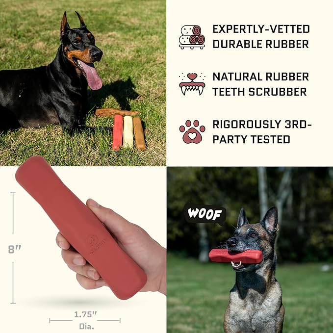 Virtually Indestructible Dog Stick Toy - Lifetime Replacement - Durable Chew Toy for Aggressive Chewers - Safe Non-Toxic Natural Rubber - Chew, Tug & Fetch - Med/Large, 8”x2” - Beef Scent