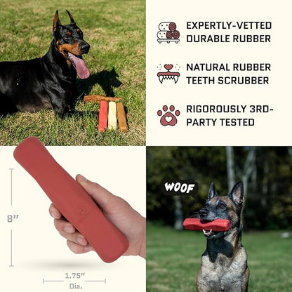 Virtually Indestructible Dog Stick Toy - Lifetime Replacement - Durable Chew Toy for Aggressive Chewers - Safe Non-Toxic Natural Rubber - Chew, Tug & Fetch - Med/Large, 8”x2” - Beef Scent