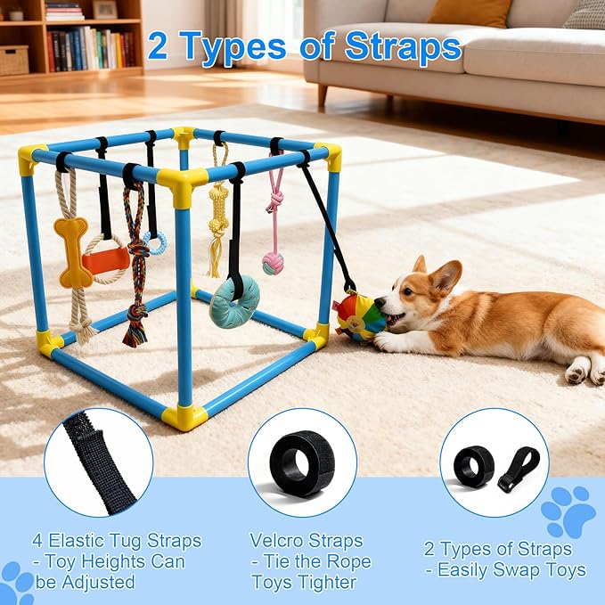 Puppy Play Gym with 8 Hanging Toys - Indoor Jungle Gym for Small Dogs, Interactive Enrichment Activity Center for Puppies, 19.5" PVC Frame with Teething Squeaky Toys to Keep Them Busy