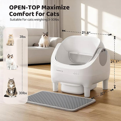 Thereye Self Cleaning Cat Litter Box, Open-Top Automatic Litter Box with APP Control, Safety Sensor and 10L Large Waste Bin, Smart Kitty Litter Boxes with Trash Bags and Mat for Multiple Cats