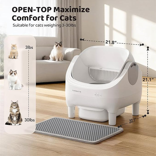 Thereye Self Cleaning Cat Litter Box, Open-Top Automatic Litter Box with APP Control, Safety Sensor and 10L Large Waste Bin, Smart Kitty Litter Boxes with Trash Bags and Mat for Multiple Cats