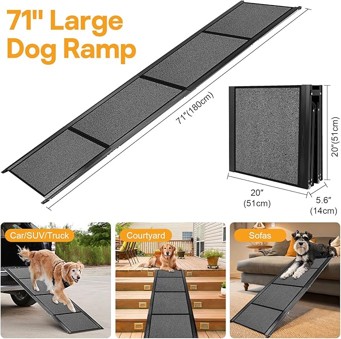 Dog Ramps for Large Pets, 71" Extra Long & 20" Extra Wide Foldable Aluminum Dog Ramp for Car, Support Up to 300LBS, Portable Non-Slip Rug Surface Pet Ramps for SUV, Truck, Van, Stairs, Bed, Couch