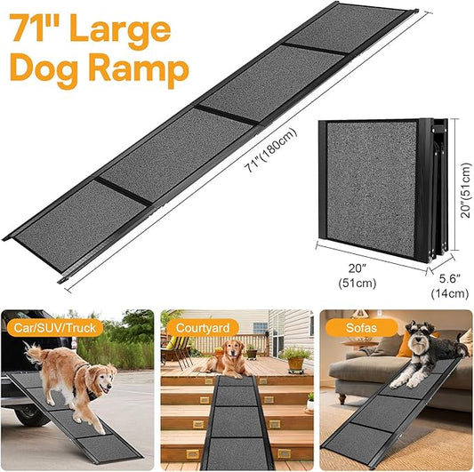 Dog Ramps for Large Pets, 71" Extra Long & 20" Extra Wide Foldable Aluminum Dog Ramp for Car, Support Up to 300LBS, Portable Non-Slip Rug Surface Pet Ramps for SUV, Truck, Van, Stairs, Bed, Couch