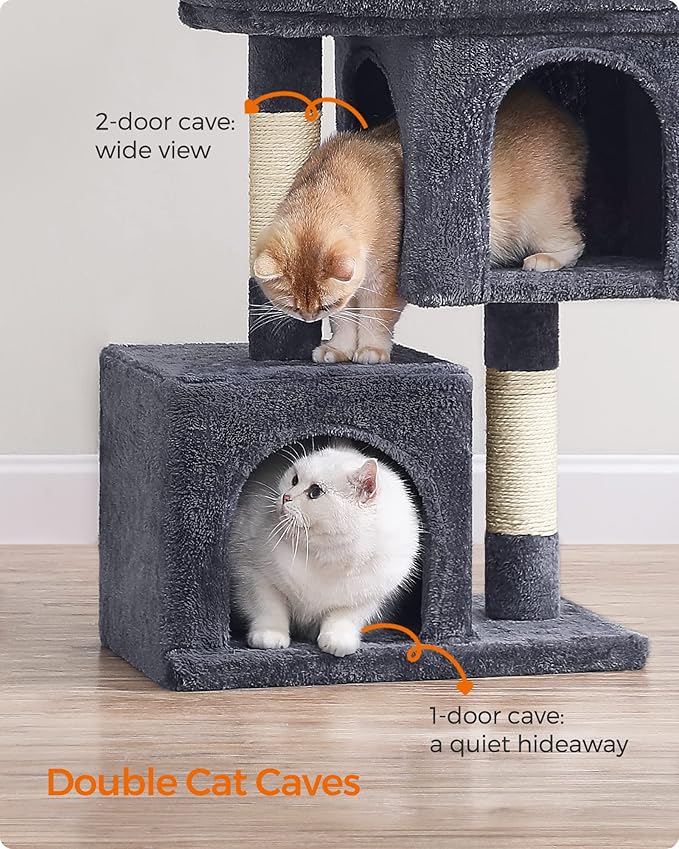 Feandrea Cat Tree, 29.1-Inch Cat Tower, Plush Condo for Medium Cats up to 11 lb, Large Perch, 2 Caves, Scratching Post, Smoky Gray UPCT612G01