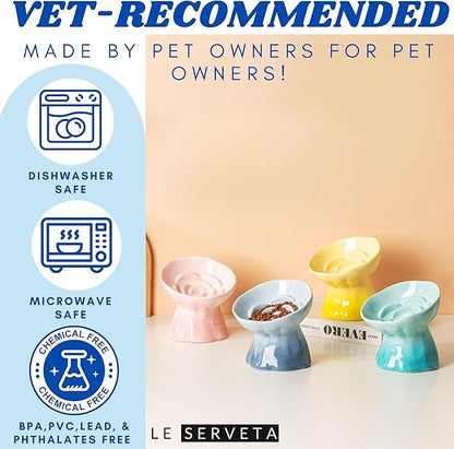 Elevated Ceramic Cat Bowl, Tilted Slow Feeder Pet Dish with Gradient Color Coating, 3.3 Ounces Capacity, Anti-Gulping Design with Rose Bouquet Design (Gradient Green)