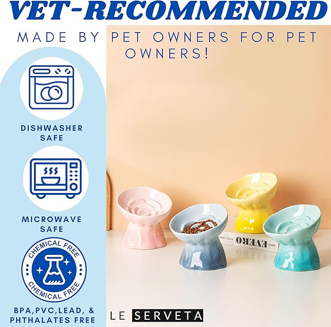 Elevated Ceramic Cat Bowl, Tilted Slow Feeder Pet Dish with Gradient Color Coating, 3.3 Ounces Capacity, Anti-Gulping Design with Rose Bouquet Design (Gradient Yellow)