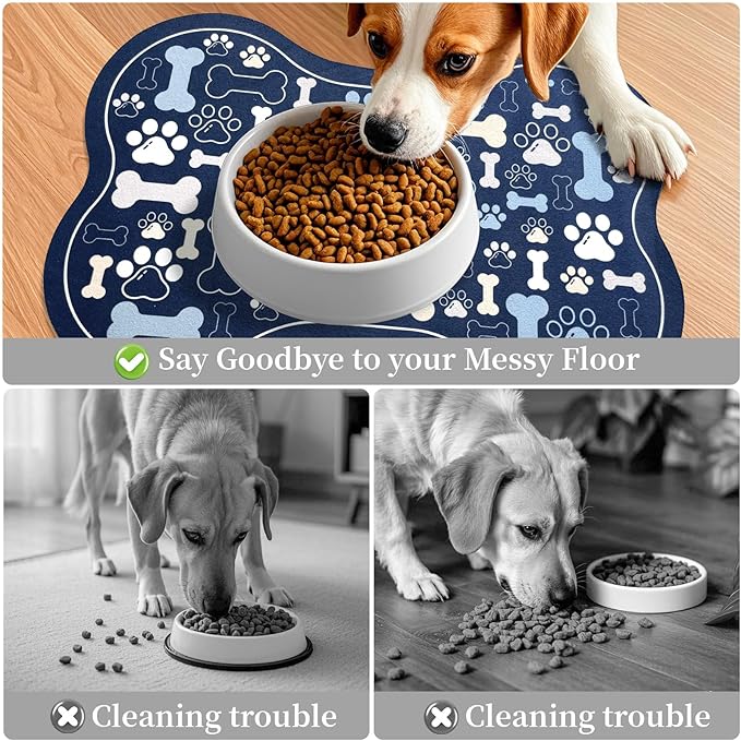Dog & Cat Food Mat Bone Shaped Pet Feeding Mat Quick Absorb Water Bowl Placemat with Rubber Backing Indoor Floor Stain Resistant Pet Accessory Supplies (Blue, 12x18 Inches)