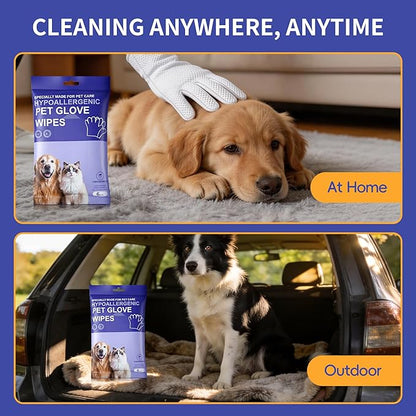 Pet Glove Wipes for Dogs Cats, Grooming Deodorizing Puppy Face Paws Fur and Butt Gloves Wipe, Unscented Extra Thick Travel Cleaning Care Hypoallergenic No Rinse Disposable Bathing Dog Wipes, 24 Pcs
