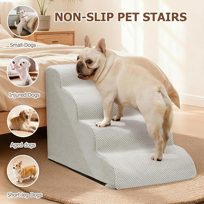 Dog Steps for Bed and Couch,4-Step Dog Stairs and Ramp for Small Dogs & Cats,Indoor Anti-Slip Pet Stairs for Old Cats and Puppy,Light Grey