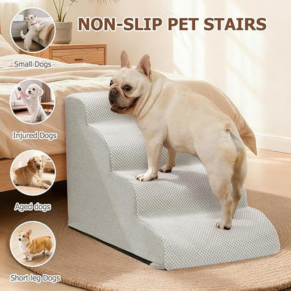 Dog Steps for Bed and Couch,4-Step Dog Stairs and Ramp for Small Dogs & Cats,Indoor Anti-Slip Pet Stairs for Old Cats and Puppy,Light Grey