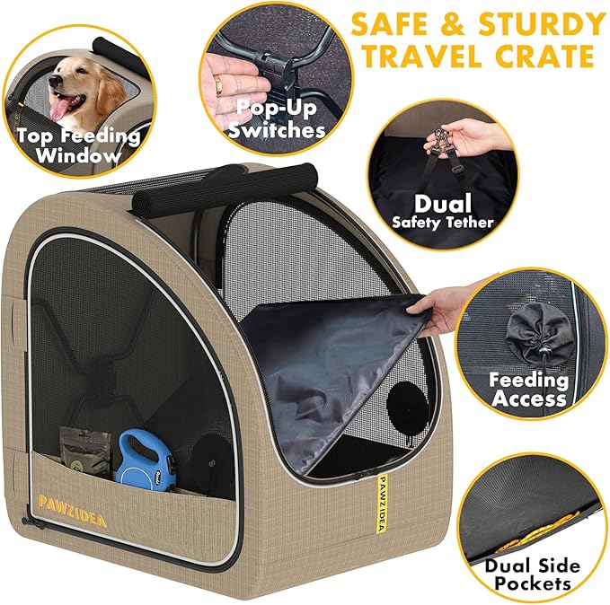 PAWZIDEA Portable Dog Crate for Car, 45% Extra Tall Travel Kennel for Medium & Large Dogs up to 80lbs Sit Upright, Enclosed Soft-Sided Backseat Carrier Collapsible, Secure w/Seatbelt & Headrest Strap