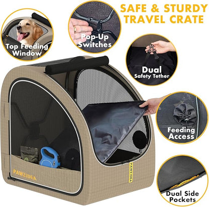 PAWZIDEA Portable Dog Crate for Car, 45% Extra Tall Travel Kennel for Medium & Large Dogs up to 80lbs Sit Upright, Enclosed Soft-Sided Backseat Carrier Collapsible, Secure w/Seatbelt & Headrest Strap