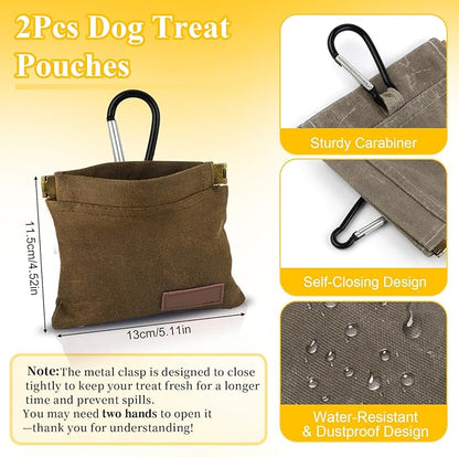2Pcs Dog Treat Pouches for Pet Training, Hand Free Puppy Dogs Treat Bag with Carabiner, Portable Auto Closing Pet Dog Walking Bag for Travel Outdoor Use, Pets Snack Reward Pocket-Light Brown, Grey
