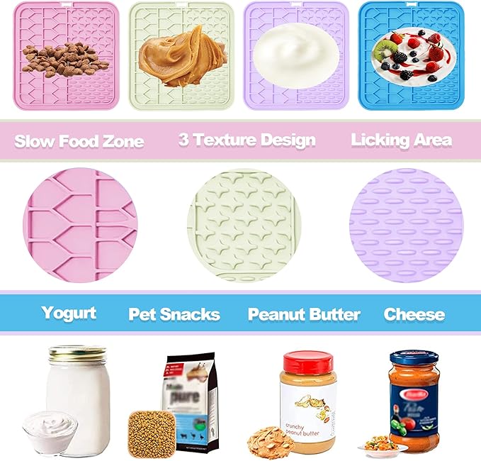 Lick Mat for Dogs and Cats，Cat Licking Pad with Suction Cups for Dog Anxiety Relief，Dog Peanut Butter Lick Pads for Dogs Perfect for Bathing Grooming,Slow Feeders for Dogs and Cats,4Pack
