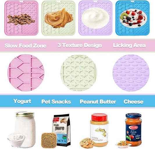 Lick Mat for Dogs and Cats，Cat Licking Pad with Suction Cups for Dog Anxiety Relief，Dog Peanut Butter Lick Pads for Dogs Perfect for Bathing Grooming,Slow Feeders for Dogs and Cats,4Pack