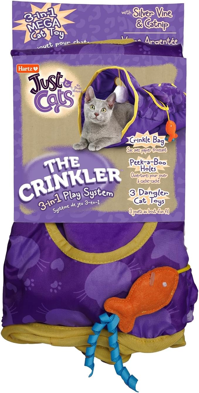 Hartz Just for Cats The Crinkler, 3-in-1 Mega Cat Toy with Silver Vine & Catnip, Crinkle Bag, Peek-a-Boo Holes, 3 Dangler Toys