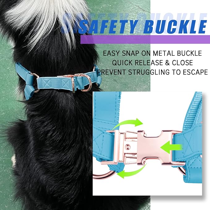Soft Leather No Pull Dog Harness - Adjustable Step In Dog Harness with Rose Gold Heavy Duty Metal Buckle, Freedom Nylon Dog Halter Vests for Small Medium Large Dogs Easy Walking Training L, Light Blue