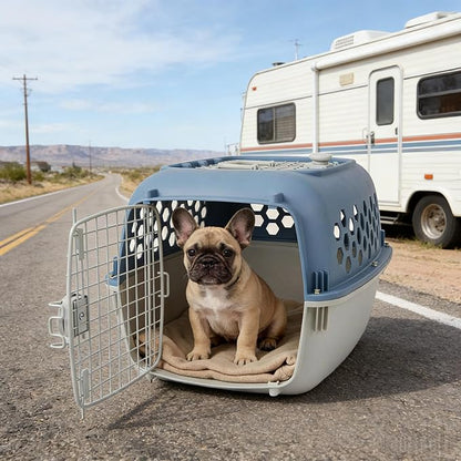 24 Inches Pet Kennel Carrier, Sturdy Portable 2-Door Top-Load Hard-Sided Pet Travel Carrier, Indoor & Travel Pet Cage, cat Kennel for Small Dogs & Cats, Blue and White