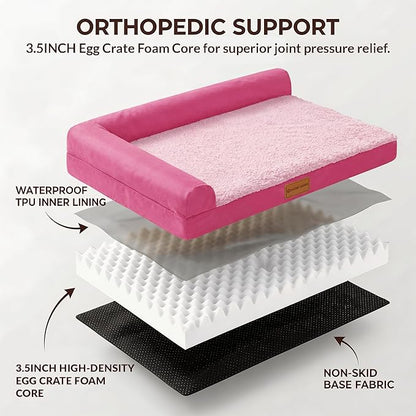 Patas Lague Orthopedic XL Dog Bed Large Sized Dog 48''X30'', Waterproof L Bolster Big Large Pet Sofa Beds with Removable Washable Cover, Soft Comfortable Pet Couch Crate Mat with Nonskid Bottom, Pink