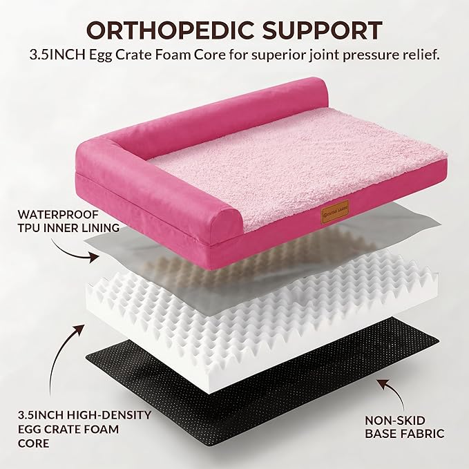 Patas Lague Orthopedic XL Dog Bed Large Sized Dog 42''X28'', Waterproof L Bolster Big Large Pet Sofa Beds with Removable Washable Cover, Soft Comfortable Pet Couch Crate Mat with Nonskid Bottom, Pink