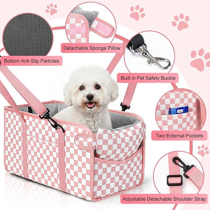 Portable Dog Car Seat for Small Dogs - Pet Booster Seat with Safety Leash & Anti-Collapse Design, Washable Cushion - Center Console Car Travel Carrier for Pets Up to 12 lbs, Pink Checkered