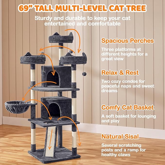 Yaheetech | 68.5in Cat Tree | for Large Cats | Multi-Level Cat Tower with 3 Wide Perches, Large Condo | Stable Pet Play House w/Sisal-Covered Scratching Posts & Board | Dark Gray