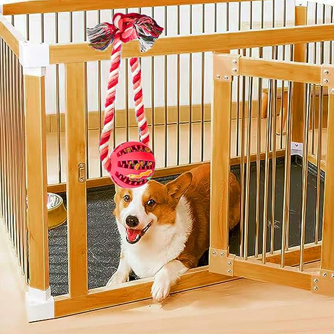 Interactive Dog Chew Toys Crate Training Aids for Puppies, Puzzle Treat Dispenser with Rope Dogs Toy Ball Reduce Stress Anxiety Peanut Butter Dog Food Treat Dispenser Toys (Red)