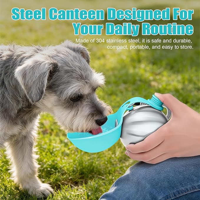 Portable Dog Water Bottle 10oz Stainless Steel Travel Dog Water Dispenser with Bowl No-Spill Puppy Water Bottle for Walking Hiking Small Dog Water Bottle