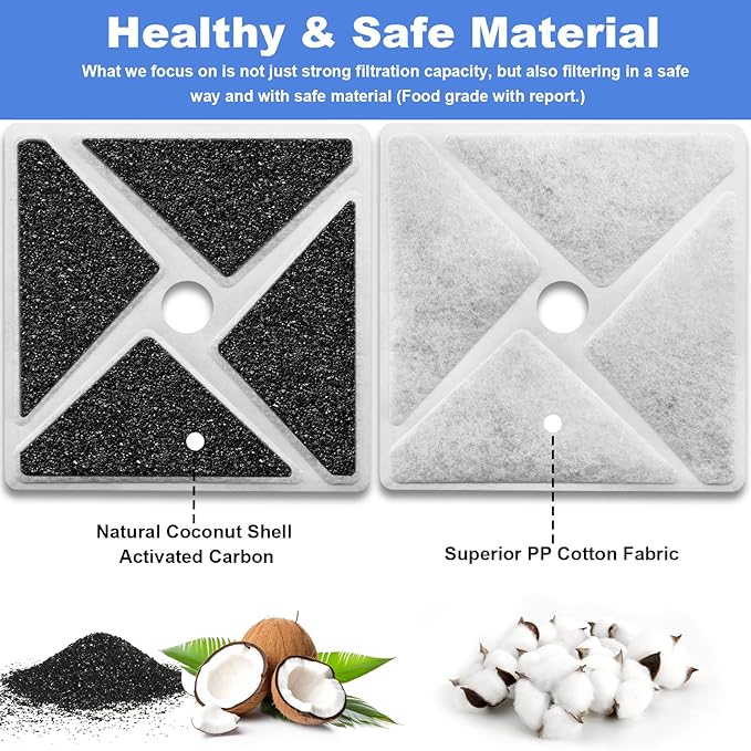 Kastty 14L/3.8Gal Large Dog Water Fountain Replacement Filters 6 Pack, Largest 9", Square Ultrafiltration, More Activated Carbon, Food Grade, 6 Fountain Filters + 6 Pump Filters + 1 Circle Filter
