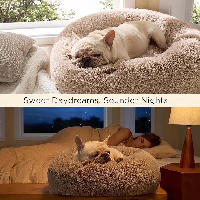 Bedsure Calming Dog Bed Medium Size Dog - Donut Washable Medium Pet Bed, 30 inches Anti-Slip Round Fluffy Plush Faux Fur Cat Bed, Fits up to 45 lbs Pets, Rifle Green