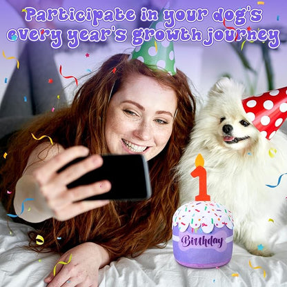 Dog 1st Birthday Cake Toy Accessories for Girl Boy Gifts, Purple Squeaky Plush Toy for Dog Birthday Party Decor Favor for Large, Medium and Small Dogs