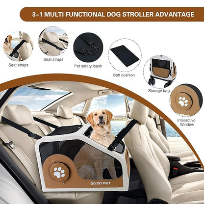 3-1 Dog Stroller for Medium Dogs,Collapsible Soft Dog Travel Crate with Metal Frame for Car Travel,Pet Stroller with Removable Carrier for Pets Up to70LBS(Brown)