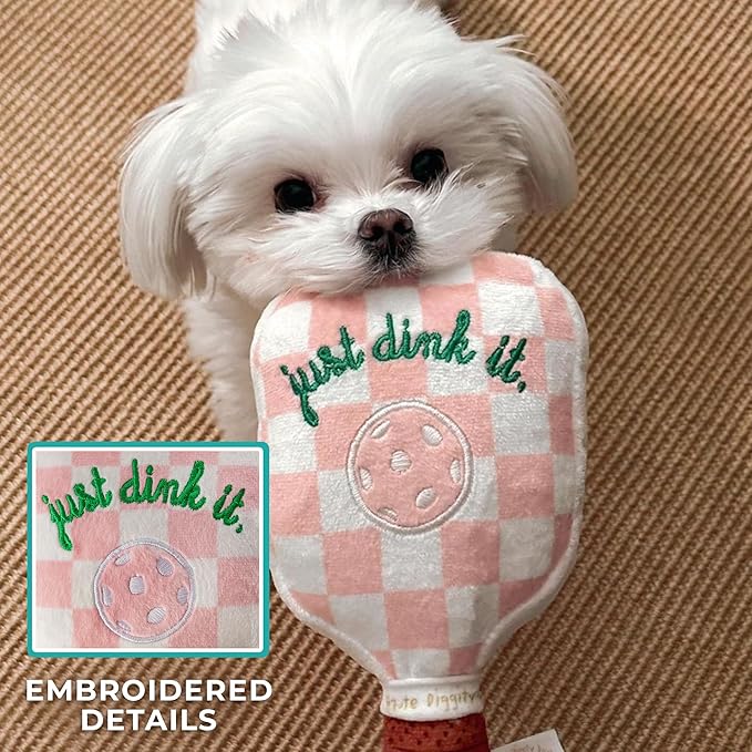 Haute Diggity Dog Pink Checker Pickleball Paddle, Plush Trendy Sporty Dog Toys with Interactive Squeaker, Stimulating Pet Enrichment, Machine-Washable & Safe Materials for All Breeds, One Size