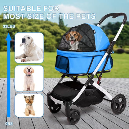 Pet Stroller for Medium Small Dog & Cat, Foldable Lightweight Dog Stroller with Storage Basket Pet Travel Carriage with Safety Leashes, 4 Wheel, Blue