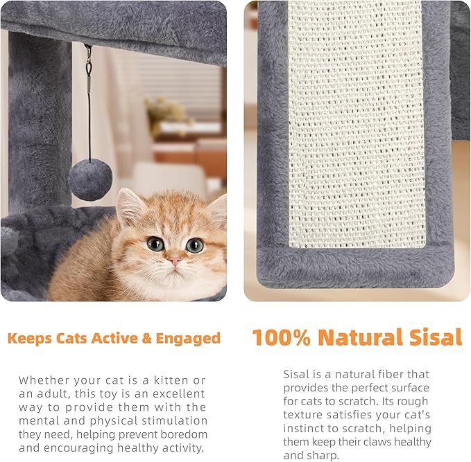 YOUPET Cat Tree with Cat Scratching Post for Indoor Cats, Cat Tower with Scratching Board and Playful Toy Balls, Cat Tree Tower with Cozy Hammock,Grey